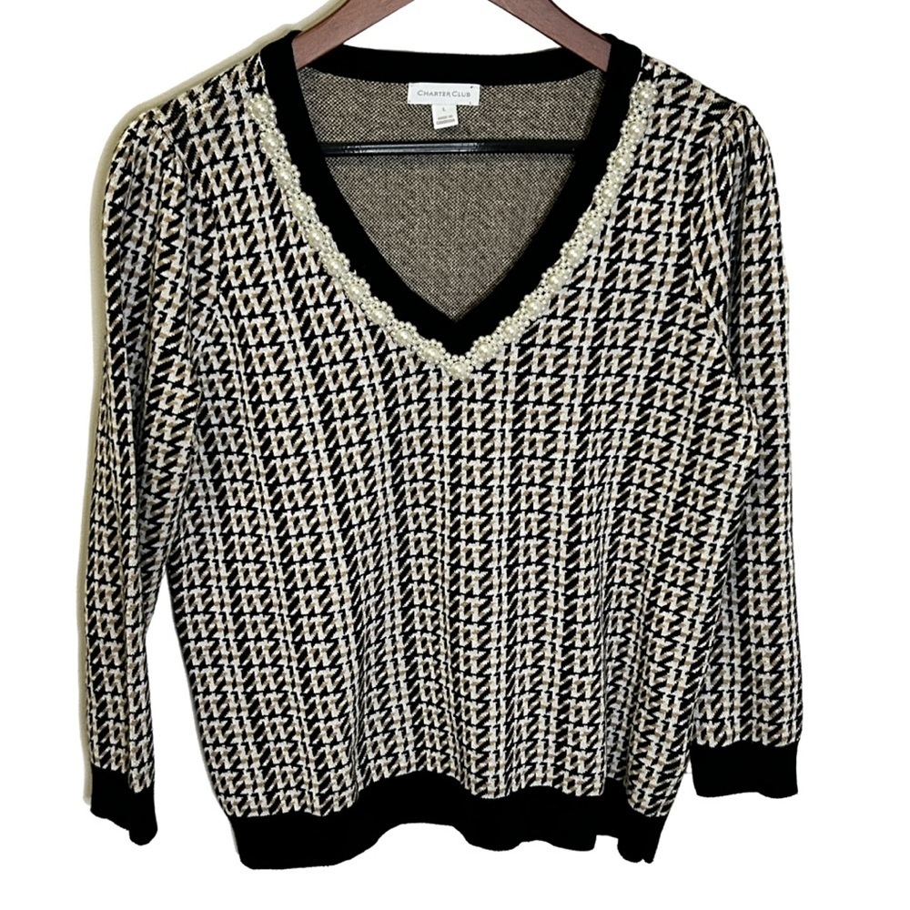 Charter Club | Pearl embellished cotton sweater | Black, White, Tan | Size L